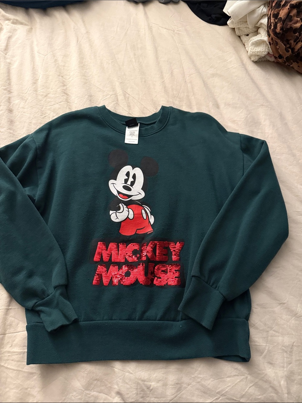 Mickey Mouse Green Crewneck Sweatshirt with Red Sequin Logo